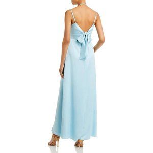 AQUA SATIN BOW BACK EVENING DRESS in COOL BLUE